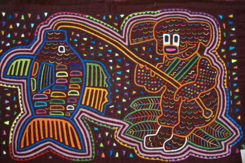 Kuna Indian Folk Art Blouse Mola Panel from San Blas Islands, Panama. Hand stitched Reverse Applique:  Fisherman Dog Catching Fish 17