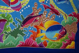 HIGH QUALITY HAND PAINTED FABRIC SARONG WITH FRINGES, MULTICOLOR, SIGNED BY THE ARTIST: SEASCAPE, BRIGHT VIBRANT OCEAN WITH FISH AND PLANT LIFE 70" x 48" (24B)