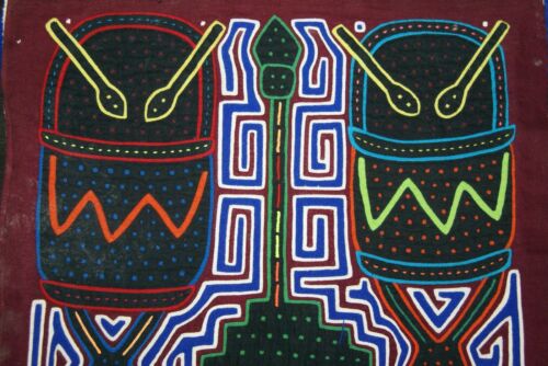 Kuna Indian Folk Art Mola Blouse Panel from San Blas Islands, Panama. Hand-stitched Reverse Applique Textile: Music Festival Percussion Drum & Metronome Motif 12