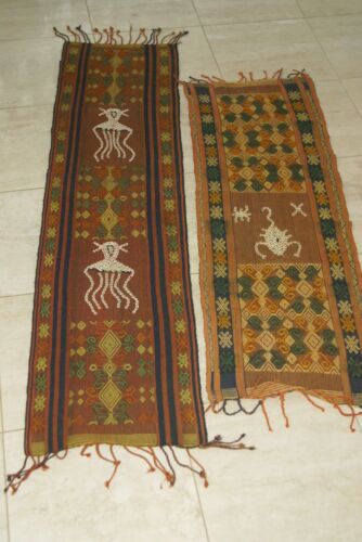 2 Handwoven Sumba Hinggi Songket Ikat Textiles. Made with Handspun Cotton, Dyed with Natural Pigments. Adorned With Animal Motifs Created with Nassa Shells SR28 (56