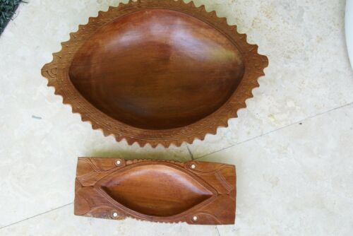 2 STUNNING HAND CARVED ROSEWOOD HAND CARVED SAGO PLATTER DISH BOWLS, 1 WITH MOTHER OF PEARL INSERTS & BOTH WITH DELICATELY INCISED BORDERS BY RENOWNED TRIBAL SCULPTOR TROBRIAND ISLANDS MELANESIA SOUTH PACIFIC COLLECTOR DESIGN 2A196 & 2A20 2A196)
