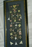 VERY RARE EARLY 1900’S ANTIQUE TEXTILE COLLECTIBLE: OLD  BALINESE HAND WOVEN HAND EMBROIDERED LAMAK USED TO DRESS TEMPLE STATUES CANOPY OR EAVE DURING RITUAL RELIGIOUS CEREMONIES GOLD THREADS FRAMED  IN UNIQUE HAND PAINTED FRAME  27x 12 ½”  DFBE2