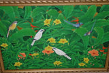 GIGANTIC 38”x 26” ORIGINAL DETAILED COLORFUL  BALINESE PAINTING ON CANVAS BY RENOWN UBUD ARTIST TROPICAL RAINFOREST WITH FOLIAGE STARLINGS BIRD OF PARADISE FLOWERS HIBISCUS FRAMED IN HAND PAINTED CUSTOM FRAME DFBB17 UNIQUE DESIGNER COLLECTOR MASTERPIECE