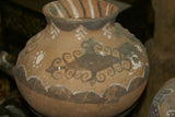 Rare 1980's Vintage Collectible Primitive Hand Crafted Vermasse Terracotta Pottery, Vessel from East Timor Island, Indonesia: Raised Relief Decorative Motifs of man & gecko colored with natural earthtone Pigments 7" x 9" (25.5" Diameter) P20