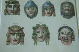 RARE HIGHLY COLLECTIBLE 1790 H.C HAND COLORED ANTIQUE Copper engraving created on handmade paper by Bertuch 1790, Over 230 years old. Ancient masks For tragedy performances, for comedies & bacchic masks for satire.