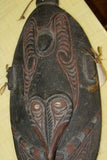 RARE OLD POLYCHROME HAND CARVED MARAMBA ANCESTOR CEREMONIAL SPIRIT MASK COLORED WITH NATURAL PIGMENTS COLLECTED ALONG SEPIK RIVER, PAPUA NEW GUINEA & ONCE USED BY MEDECINE MAN TO WARD AWAY DISEASE 13A1 DECORATOR DESIGNER COLLECTOR 22”x 10"x 4