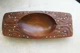 STUNNING 1 OF A KIND HAND CARVED KWILA WOOD MUSEUM MASTERPIECE SERVING PLATTER DISH BOWL WITH MOTHER OF PEARL INSERTS & DELICATE LACY BORDERS RENOWNED TRIBAL SCULPTOR TROBRIAND ISLANDS MELANESIA SOUTH PACIFIC COLLECTOR DESIGNER 2A106 18.25"x 7 x 2"