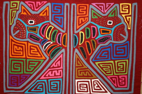 Kuna Indian Folk Art Mola Blouse Panel from San Blas Islands, Panama. Hand-stitched Applique: Mirror Images Domestic Animal 15