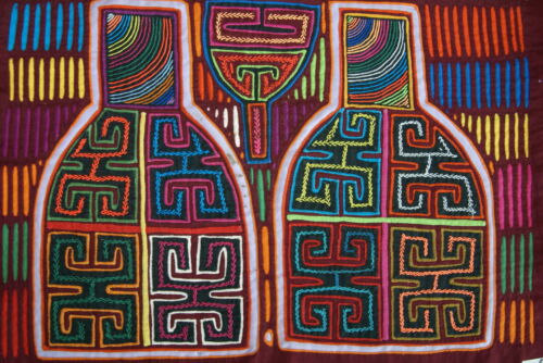 Kuna Indian Abstract Mola blouse panel Art, Hand stitched Fabric Panel Applique from San Blas Island Panama: Colorful Bottle Jug 17