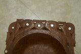 STUNNING 1 OF A KIND HAND CARVED KWILA WOOD MUSEUM MASTERPIECE SAGO PLATTER DISH BOWL WITH TEAR SHAPED MOTHER OF PEARL INSERTS & DELICATE LACY BORDERS RENOWNED TRIBAL SCULPTOR TROBRIAND ISLANDS MELANESIA SOUTH PACIFIC COLLECTOR DESIGNER 2A4 10"x 8" x 3”