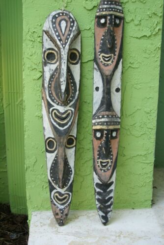 RARE MINDJA MINJA HAND CARVED YAM HARVEST UNIQUE CLAN SPIRIT MASK POLYCHROME  WITH NATURAL PIGMENTS PAPUA NEW GUINEA PRIMITIVE ART HIGHLY COLLECTIBLE DOUBLE FACE AND PHALLIC NOSE WASKUK 11A23: 28.5 X 5