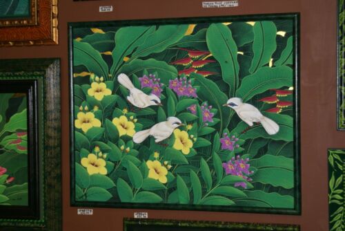 GIGANTIC 31”x 25” ORIGINAL DETAILED COLORFUL  BALINESE PAINTING ON CANVAS BY RENOWN UBUD ARTIST RAINFOREST PARADISE WITH FOLIAGE HIBISCUS FLOWERS STARLING BIRDS FRAMED IN CUSTOM FRAME HAND PAINTED TO MATCH DFBB39 DESIGNER COLLECTOR MASTERPIECE