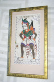 VERY RARE EARLY 1900 ANTIQUE TEXTILE COLLECTIBLE: BALINESE IDER-IDER HANDMADE COLORFUL EMBROIDERY OF PANDAVA SAHADEVA ONCE A RARE CANOPY DECORATION ADORNING SACRED TEMPLE FRAMED IN UNIQUE HAND PAINTED FRAME 17X10” DESIGNER COLLECTOR HOME DÉCOR WALL ART