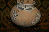Rare 1980's Vintage Collectible Primitive Hand Crafted Vermasse Terracotta Pottery, Vessel from East Timor Island, Indonesia: Adorned with Decorative Geometric & 3D Raised Relief Ancestors Motifs colored with natural earthtone pigments 8.5" x 6.5", P15