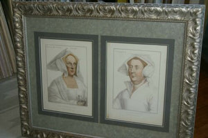 Two 1884 antique original folio stipple engravings Holbein’s famous Court portraits 135 years old  stunning renditions of Lady Marchioness of Dorset & Lady Rich Framed in huge frame with 5 mats, one of them hand painted by artist 33" X 26.5"