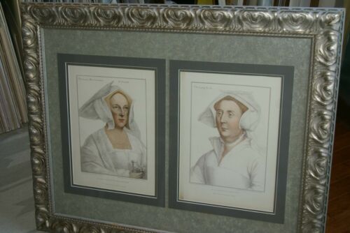 Two 1884 antique original folio stipple engravings Holbein’s famous Court portraits 135 years old  stunning renditions of Lady Marchioness of Dorset & Lady Rich Framed in huge frame with 5 mats, one of them hand painted by artist 33