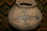 Rare 1980's Vintage Collectible Primitive Hand Crafted Vermasse Terracotta Pottery, Vessel from East Timor Island, Indonesia: Motifs of man & gecko colored with natural earthtone Pigments 7.5" x 9.5" (28.5" Diameter) P36