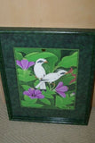 21”x 16.5” DETAILED COLORFUL  BALINESE PAINTING ON CANVAS RENOWN UBUD ARTIST RAINFOREST PARADISE FOLIAGE STARLING BIRDS PURPLE HIBISCUS FRAMED IN SIGNED CUSTOM FRAME HAND PAINTED TO MATCH  ARTWORK DFBB48 DECORATOR DESIGNER ART COLLECTOR HOME DÉCOR