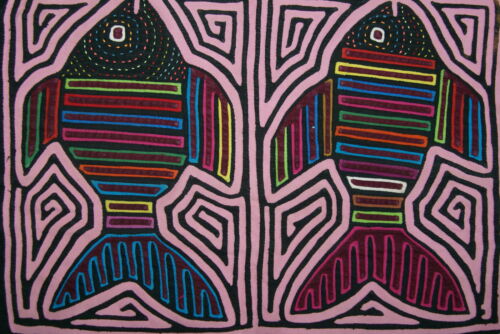 Kuna Indian Collector Mola blouse panel from Mamitopo Islands, San Blas Panama. Hand stitched Applique Folk Art: Mirror Image Fish with Maze Background 15.75