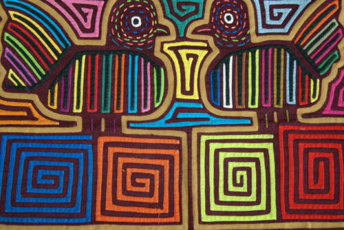Kuna Indian Abstract Mola blouse panel, Folk Art from San Blas Island, Panama. Minute Hand Stitched Applique: Mirror Image Chicken Bird 16.25
