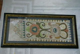 VERY RARE EARLY 1900’S ANTIQUE TEXTILE COLLECTIBLE: BALINESE IDER-IDER HANDMADE COLORFUL EMBROIDERY ONCE ADORNING A SACRED TEMPLE RARE CANOPY DECORATION FRAMED IN UNIQUE HAND PAINTED FRAME 26 ¾” X 12 ½” DESIGNER COLLECTOR HOME DÉCOR WALL ART