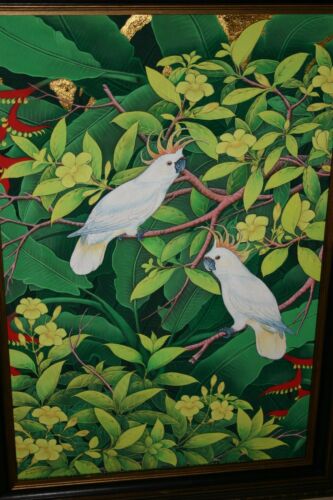 GIGANTIC FRAMED  41”x 30”  ORIGINAL MASTERPIECE DETAILED COLORFUL  BALINESE PAINTING ON CANVAS BY RENOWN UBUD ARTIST RAINFOREST PARADISE WITH FOLIAGE HIBISCUS ALAMEDA COCKATOO BIRD OF PARADISE ARTWORK DFBB16 DECORATOR DESIGNER ART COLLECTOR HOME DECOR