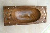 STUNNING UNIQUE HAND CARVED KWILA WOOD MUSEUM MASTERPIECE SERVING PLATTER DISH BOWL WITH MOTHER OF PEARL INSERTS & DELICATE LACY BORDERS RENOWNED TRIBAL SCULPTOR TROBRIAND ISLANDS MELANESIA SOUTH PACIFIC COLLECTOR DESIGNER 2A95 18 1/4" X 8" X 3"