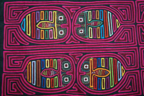 Kuna American Indian Textile Mola Blouse Panel, Hand Stitched with Minute Detail. From San Blas Islands, Panama: Lady Bug Maze 20