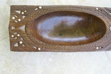 STUNNING ONE OF A KIND HAND CARVED KWILA WOOD MUSEUM MASTERPIECE SERVING PLATTER DISH BOWL WITH MOTHER OF PEARL INSERTS & DELICATE LACY BORDER RENOWNED TRIBAL SCULPTOR TROBRIAND ISLANDS MELANESIA SOUTH PACIFIC COLLECTOR DESIGNER 2A111 15" X 6" X 2 1/2"
