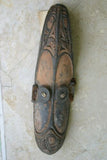 RARE UNIQUE OCEANIC ART VERY LARGE HAND CARVED TRIBAL WOOD ANCESTRAL ORACLE SPIRIT MASK NATURAL PIGMENTS COLLECTED IN JAPANDAI VILLAGE, EAST SEPIK PAPUA NEW GUINEA 13A15 PROTECTIVE & CONSULTED FOR ADVICE. DESIGNER DECORATOR COLLECTOR  24"x 7"x 4"