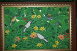 GIGANTIC 38”x 26” ORIGINAL DETAILED COLORFUL  BALINESE PAINTING ON CANVAS BY RENOWN UBUD ARTIST TROPICAL RAINFOREST WITH FOLIAGE STARLINGS BIRD OF PARADISE FLOWERS HIBISCUS FRAMED IN HAND PAINTED CUSTOM FRAME DFBB17 UNIQUE DESIGNER COLLECTOR MASTERPIECE
