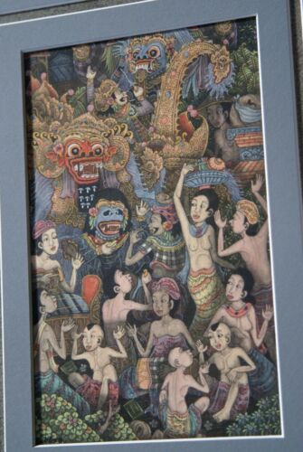 TRADITIONAL UNIQUE BALINESE MINIATURE INK PAINTING BY KNOWN PENGOSEKAN ARTIST UBUD ART BARONG TEMPLE CEREMONY WITH MINUTE INTENSE DETAIL PROFESSIONALLY FRAMED IN HAND PAINTED FRAME WITH 4 MATS, DFBT20 BALI ART DESIGNER DECORATOR COLLECTOR WALL DECOR
