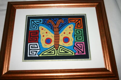 A Kuna Indian Folk Art Mola from San Blas Islands, Panama in Custom Frame, Under Glass & Double Mats. Hand Stitched Applique: Colorful Butterfly  17