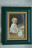 EPHEMERA AMERICANA WHIMSICAL ART: 1880's FRAMED VICTORIAN TRADE CARD: DOUGHERTY'S NEW ENGLAND CONDENSED MINCE MEAT, LITTLE GIRL IN BLUE DRESS (DFPO1C) VINTAGE HAND PAINTED FRAME DESIGNER COLLECTOR COLLECTIBLE WALL DÉCOR UNIQUE