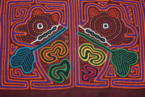Kuna Indian Folk Art Mola Blouse Panel from San Blas Islands, Panama. Hand stitched Applique: Abstract Mirror Image of Sloth 16.5