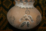 Rare 1980's Vintage Collectible Primitive Hand Crafted Vermasse Terracotta Pottery, Vessel from East Timor Island, Indonesia: 3D Raised Relief Decorative Geometric Motifs colored with natural earthtone Pigments 8.5" x 6.25" (23.5" Diameter) P21