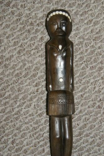 Primitive South Pacific Art Ebony Pearl Sculpture Effigy Staff Totem Hand carved
