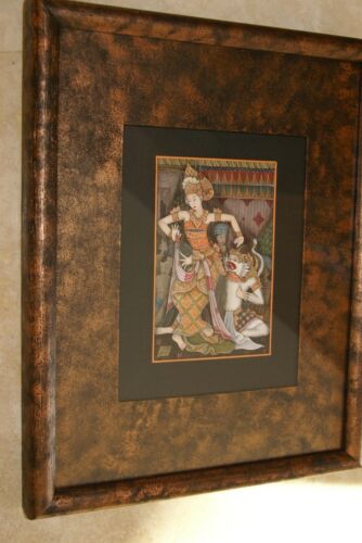 TRADITIONAL BALINESE MINIATURE INK PAINTING BY KNOWN PENGOSEKAN ARTIST TOPENG MASK MONKEY DANCE UBUD ART WITH MINUTE INTENSE DETAIL PROFESSIONALLY FRAMED IN HAND PAINTED FRAME WITH 3 MATS, DFBT17 BALI ART DESIGNER DECORATOR COLLECTOR WALL DECOR