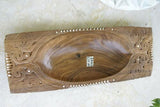 STUNNING ONE OF A KIND HAND CARVED KWILA WOOD MUSEUM MASTERPIECE SERVING PLATTER DISH BOWL WITH MOTHER OF PEARL INSERTS & DELICATE LACY BORDER RENOWNED TRIBAL SCULPTOR TROBRIAND ISLANDS MELANESIA SOUTH PACIFIC COLLECTOR DESIGNER 2A107 18"X 8"X 2 1/2"