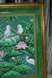 GIGANTIC 31”x 25” ORIGINAL DETAILED COLORFUL  BALINESE PAINTING ON CANVAS SIGNED BY RENOWN UBUD ARTIST RAINFOREST PARADISE WITH FOLIAGE POND LOTUS FLOWERS IBIS EGRET STARLING BIRDS FRAMED IN SIGNED CUSTOM FRAME HAND PAINTED TO MATCH DFBB12 DESIGNER ART