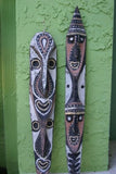 RARE MINDJA MINJA HAND CARVED YAM HARVEST UNIQUE CLAN SPIRIT MASK POLYCHROME  WITH NATURAL PIGMENTS PAPUA NEW GUINEA PRIMITIVE ART HIGHLY COLLECTIBLE DOUBLE FACE AND PHALLIC NOSE WASKUK 11A23: 28.5 X 5"X 2"