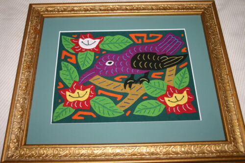 A Framed Kuna Indian Folk Art Mola from San Blas Islands, Panama. In Custom Frame, Glass & Mat. Hand stitched Textile Applique: Purple Hummingbird, Hummer & Flowers 14