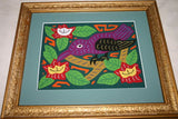 A Framed Kuna Indian Folk Art Mola from San Blas Islands, Panama. In Custom Frame, Glass & Mat. Hand stitched Textile Applique: Purple Hummingbird, Hummer & Flowers 14" X 12" (DFM11) Wall Decor