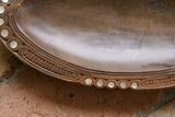 STUNNING 1 OF A KIND HAND CARVED KWILA WOOD MUSEUM MASTERPIECE SAGO PLATTER DISH BOWL WITH MOTHER OF PEARL INSERTS & DELICATELY INCISED BORDER BY RENOWNED TRIBAL SCULPTOR TROBRIAND ISLANDS MELANESIA SOUTH PACIFIC OCEANIA 9.5"x5"x1” COLLECTOR DESIGN 2A56