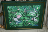 GIGANTIC 31”x 25” ORIGINAL DETAILED COLORFUL  BALINESE PAINTING ON CANVAS SIGNED BY RENOWN UBUD ARTIST RAINFOREST PARADISE WITH FOLIAGE POND LOTUS FLOWERS IBIS EGRET BIRDS FRAMED IN SIGNED CUSTOM FRAME HAND PAINTED TO MATCH  ARTWORK DFBB37 DESIGNER ART