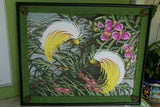 GIGANTIC 34.5”x 29” ORIGINAL DETAILED COLORFUL  BALINESE PAINTING ON CANVAS BY RENOWN UBUD ARTIST RAINFOREST PARADISE WITH FOLIAGE ORCHID FLOWERS BIRDS OF PARADISE FRAMED IN CUSTOM MATS & FRAME HAND PAINTED TO MATCH DFBB7 DESIGNER COLLECTOR MASTERPIECE
