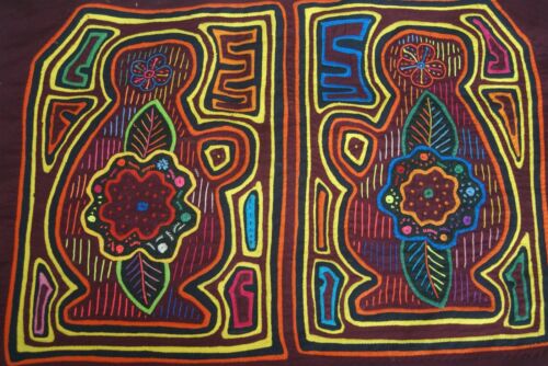 Kuna Indian Abstract Mola blouse panel from San Blas Island Panama. Minutely Hand stitched Fabric Panel Applique: Water Jug Pot with Flowers 17