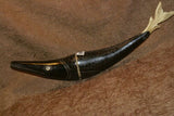 Timor Ethnic Authentic Lime Tribal Container, Unique & Rare Hand Carved Buffalo Horn & Bone receptacle Representing a Barracuda Fish  (14" long) ITEM BN46A comes with handcrafted base, gold and black