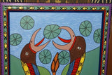 RARE UNIQUE COLORFUL  FOLK ART PAINTING FROM PAPUA NEW GUINEA ARTIST EGRET HERON CRANE LAKE WATER LILIES SIGNED  & FRAMED IN SIGNED HAND PAINTED FRAME TO MATCH THE ART DECORATOR DESIGNER COLLECTOR WALL  ART  33 1/2” by 21 1/4” HUGE DFP3