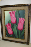 21.5”x 17”DETAILED COLORFUL BALINESE PAINTING ON CANVAS BY RENOWN UBUD ARTIST HOT PINK TULIPS FRAMED IN SIGNED CUSTOM FRAME HAND PAINTED WITH DETAIL TO INHANCE THE ARTWORK & WITH REAL SAND MAT DFBF1 DECORATOR DESIGNER ART COLLECTOR HOME DÉCOR